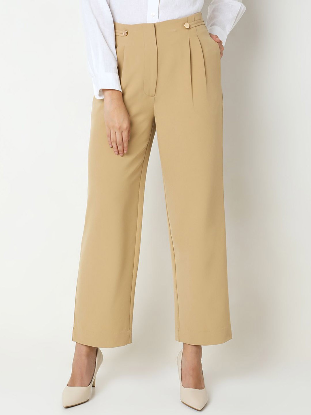 

Vero Moda Women Straight Fit High-Rise Pleated Trousers, Beige