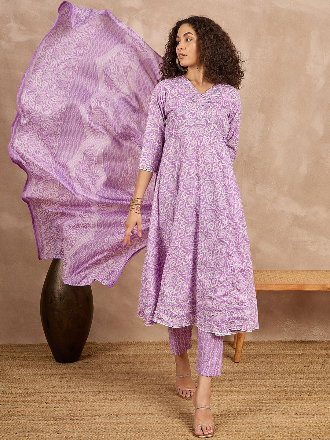 

all about you Floral Printed Thread Work Pure Cotton Anarkali Kurta Trousers & Dupatta, Lavender