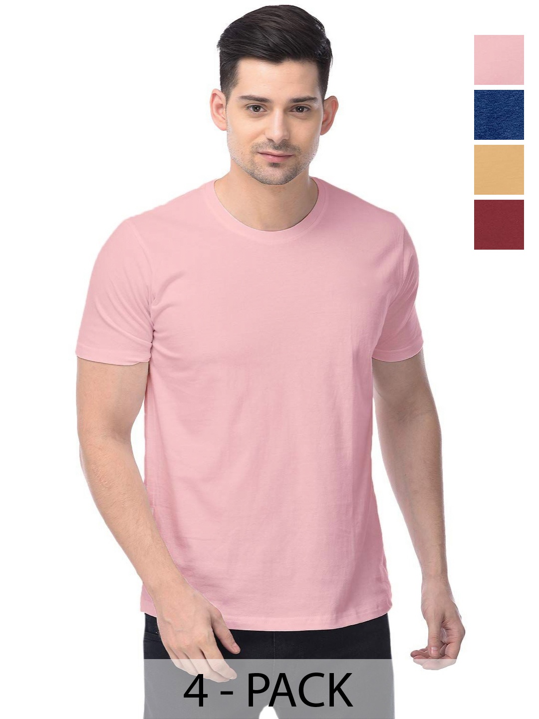 

COLOR CAPITAL Unisex Pack Of 4 Solid Round Neck Cotton T-shirts, Pink