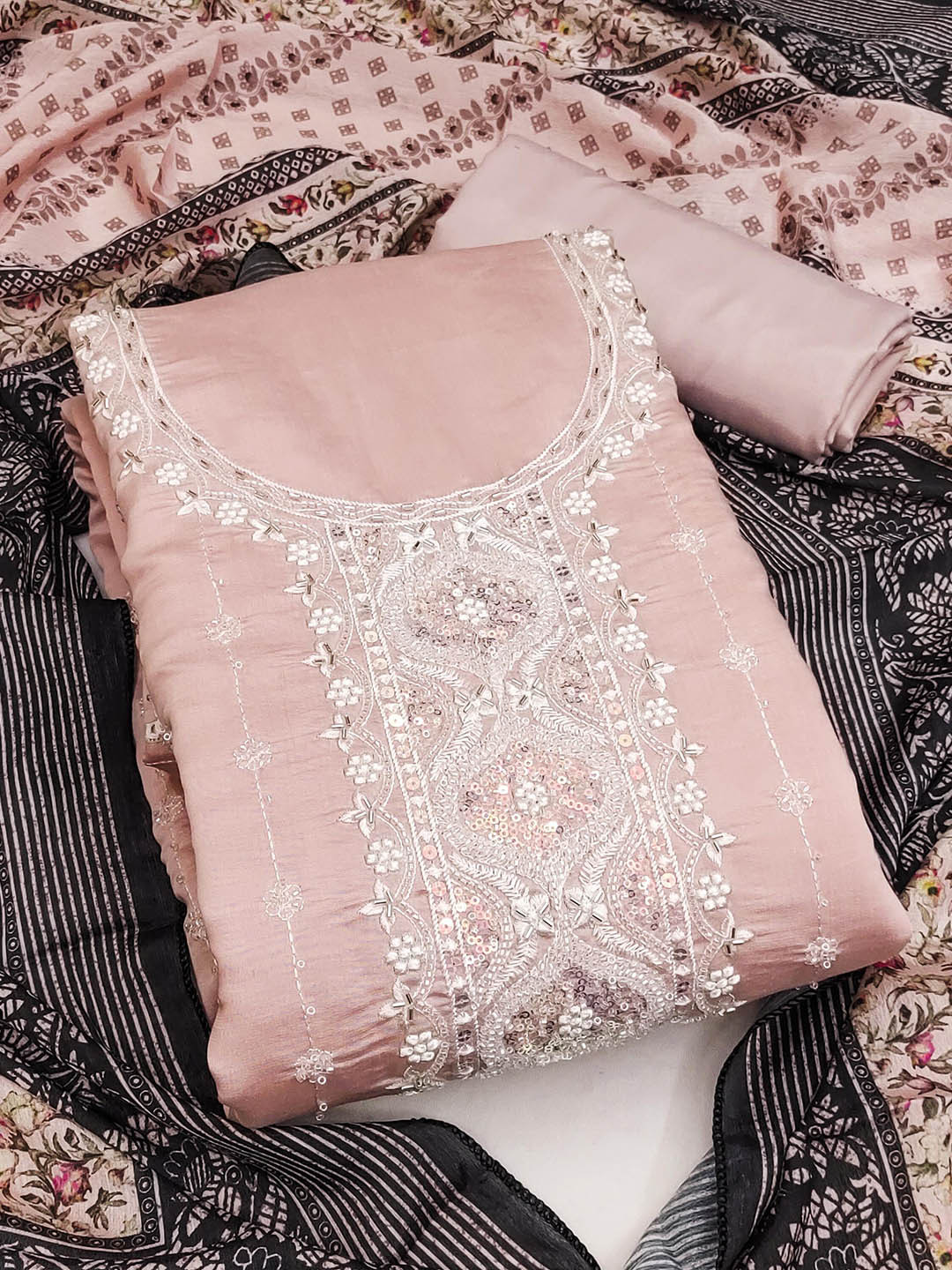 

MANVAA Ethnic Motifs Embellished Sequinned Unstitched Dress Material, Peach