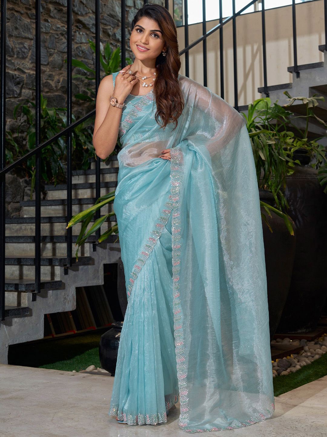 

Anouk Beads and Stones Organza Saree, Blue