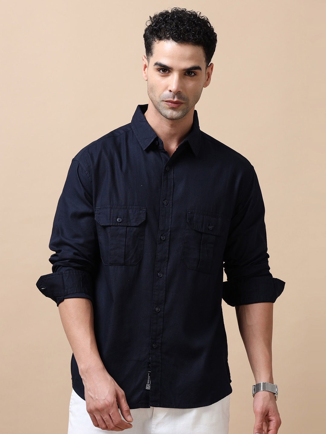 

SILISOUL Men Relaxed Spread Collar Solid Cotton Relaxed Fit Casual Shirt, Navy blue