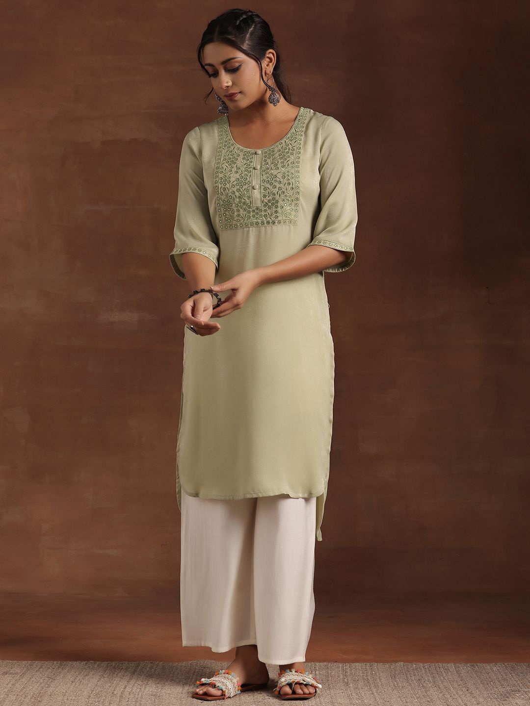 

Libas Floral Yoke Design Sequinned Straight Kurta, Green