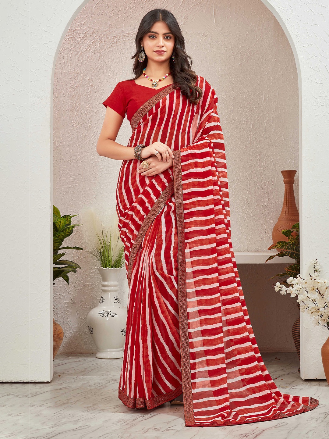 

Globon Impex Women Leheriya Pure Georgette Saree, Red