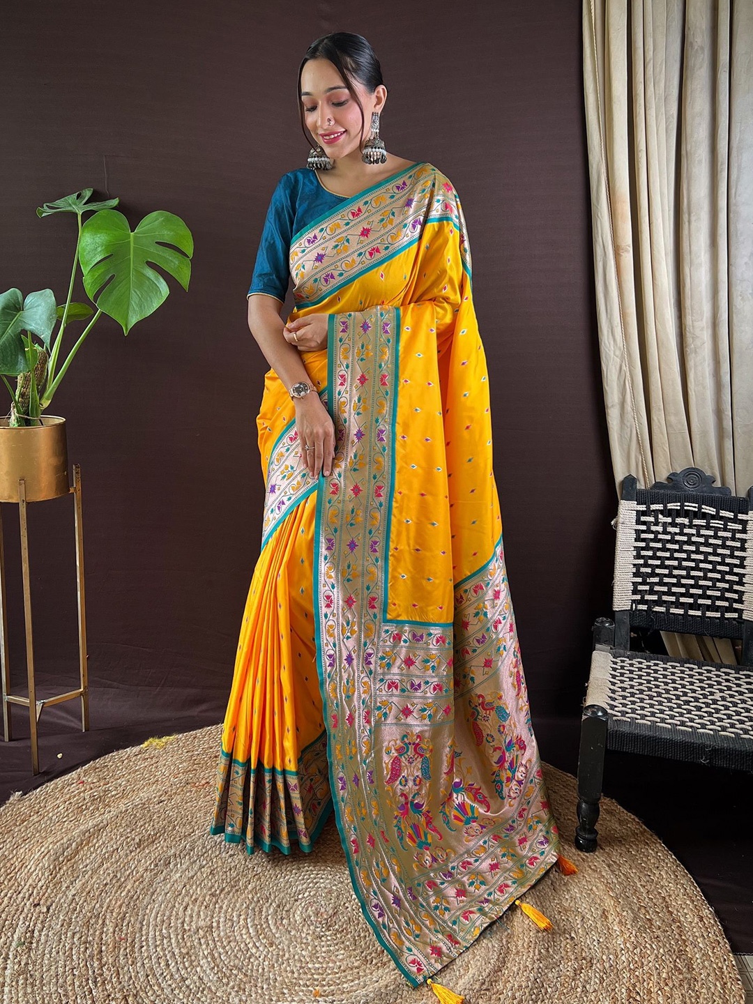 

Divyadham Textiles Ethnic Motifs woven design Pure Silk Paithani Saree, Yellow