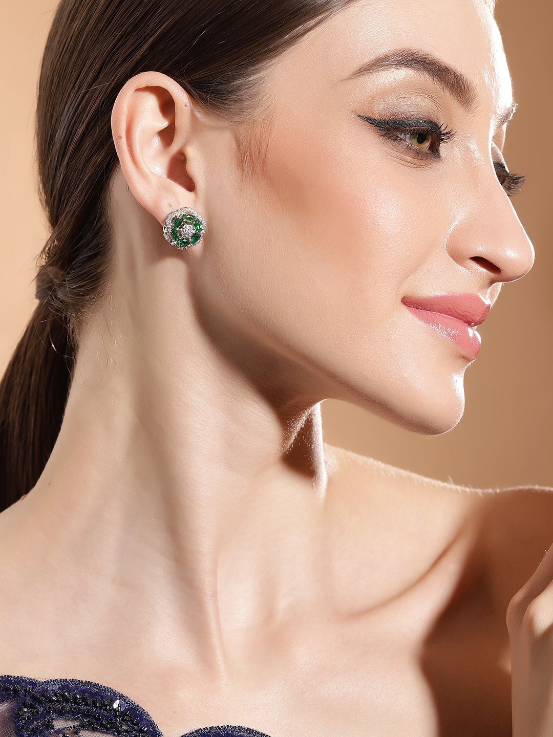 

Priyaasi Silver-Plated American Diamond Studded Floral Studs