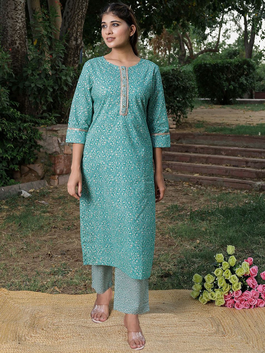 

VASVI Floral Printed Regular Gotta Patti Pure Cotton Kurta With Trousers, Teal