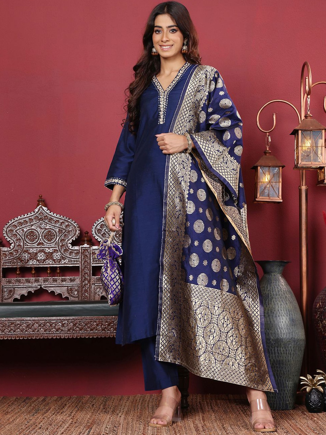 

Varanga Women Floral Zari Embroidered Neck Kurta with Trousers and Woven Brocade Dupatta, Navy blue