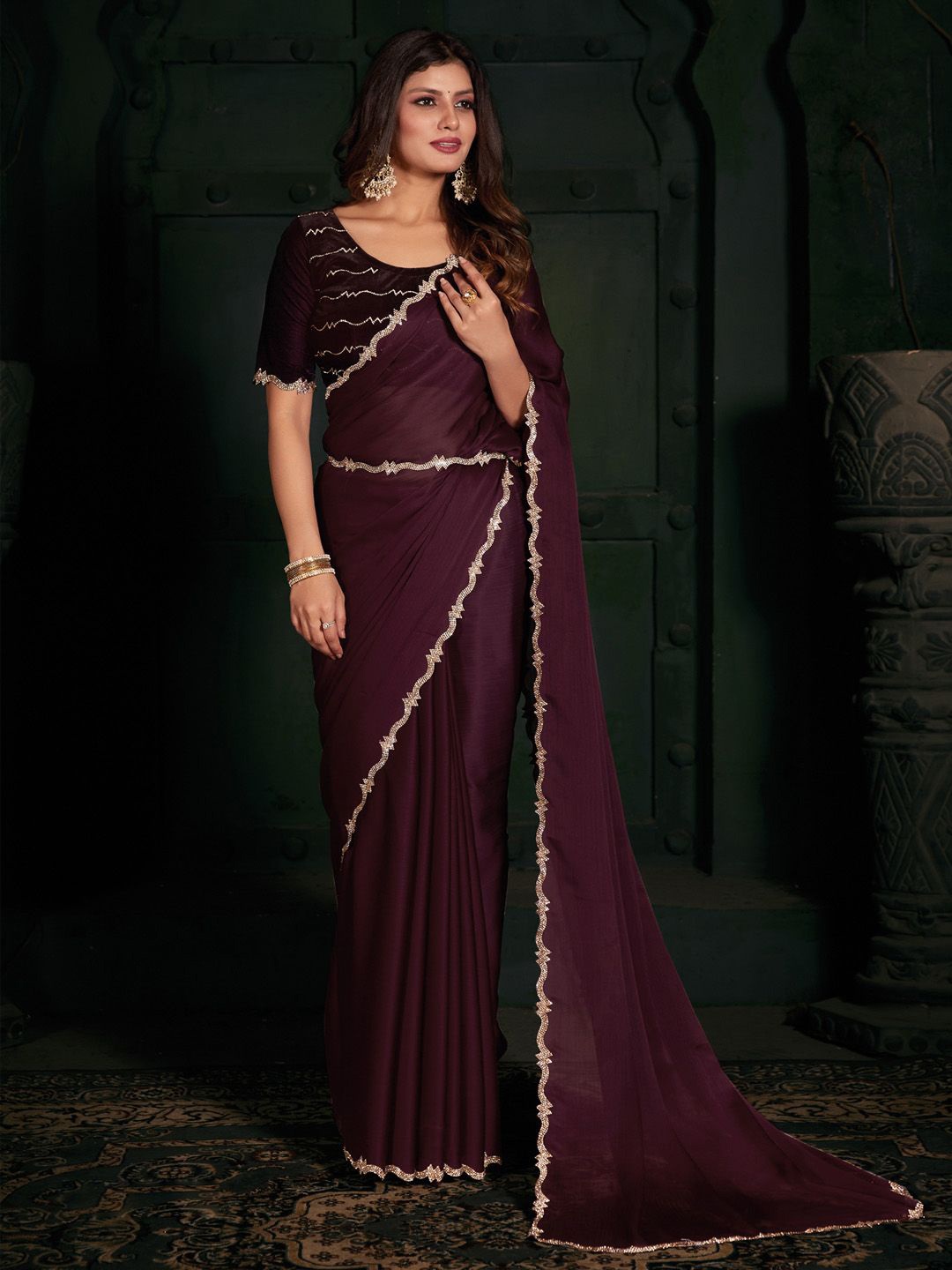 

Anouk Beads and Stones Embellished Saree with blouse piece, Burgundy