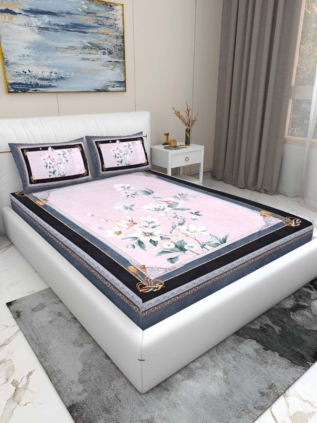 

GAPU & BALY Premium Pink & Blue Floral 180 TC King Fitted Bedsheet with 2 Pillow Covers