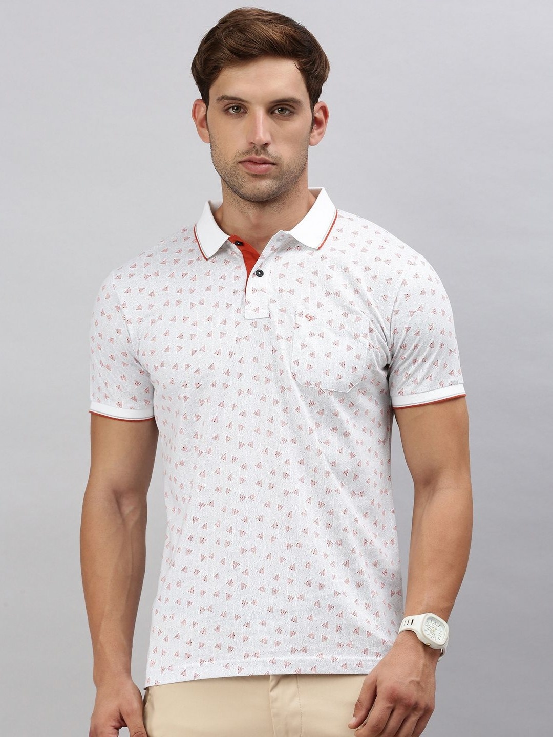 

Classic Polo Men Geometric Printed Polo Collar Cotton Slim Fit T-shirt, Grey