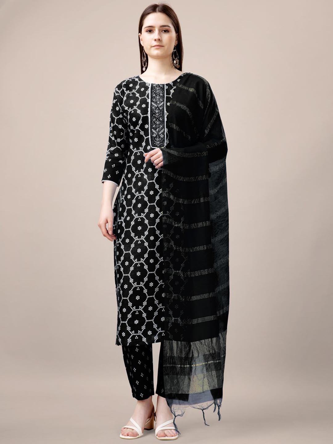 

Rujave Floral Printed Sequinned Straight Kurta With Trousers & Dupatta, Black