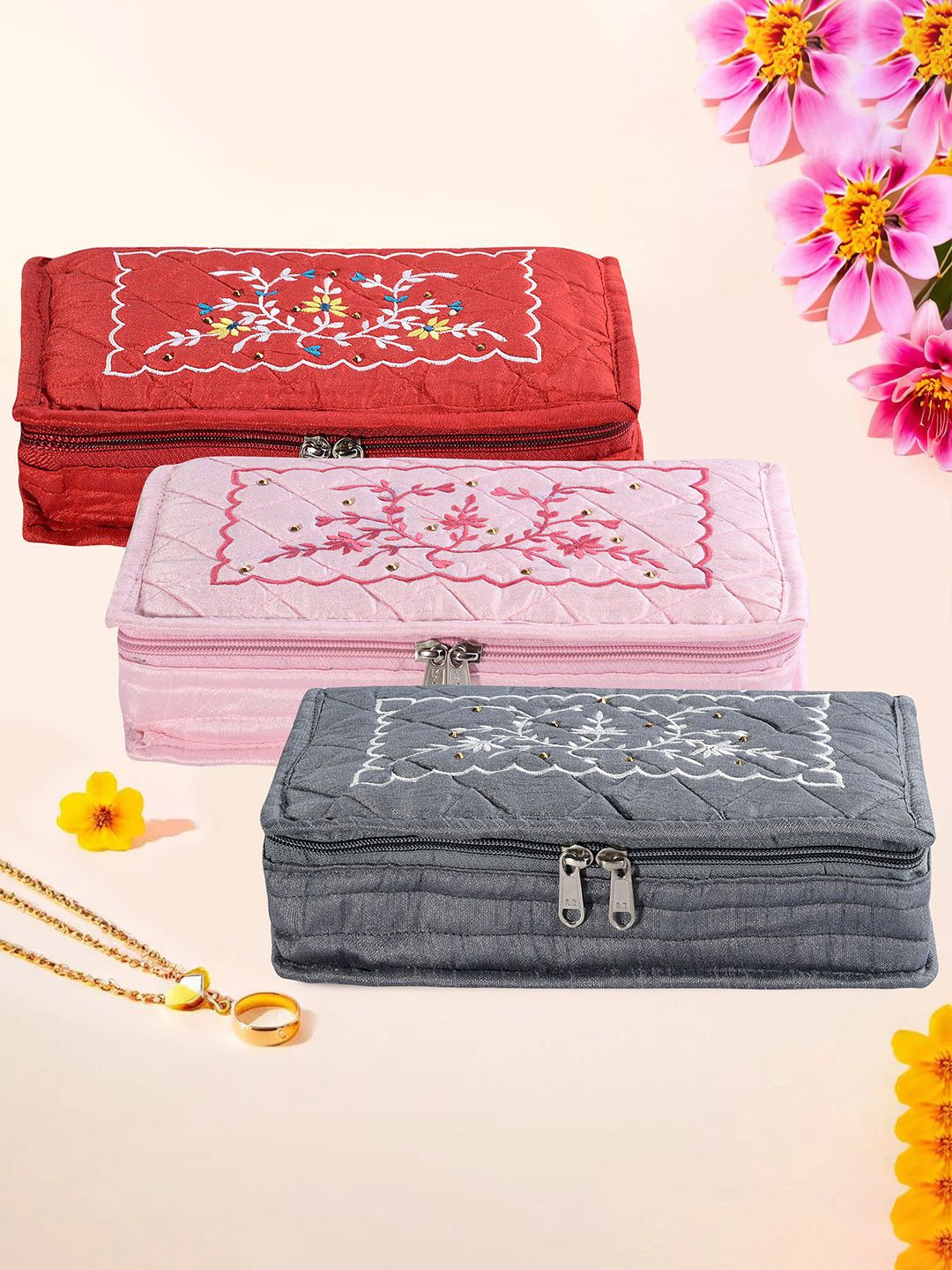 

Kuber Industries Grey & Red 3 Pieces Self Design Jewellery Organisers