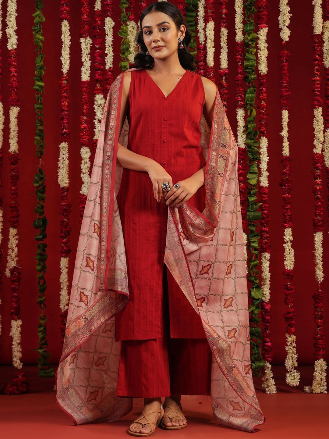 

anayna V-Neck Pure Cotton Straight Kurta with Palazzos & Dupatta, Red