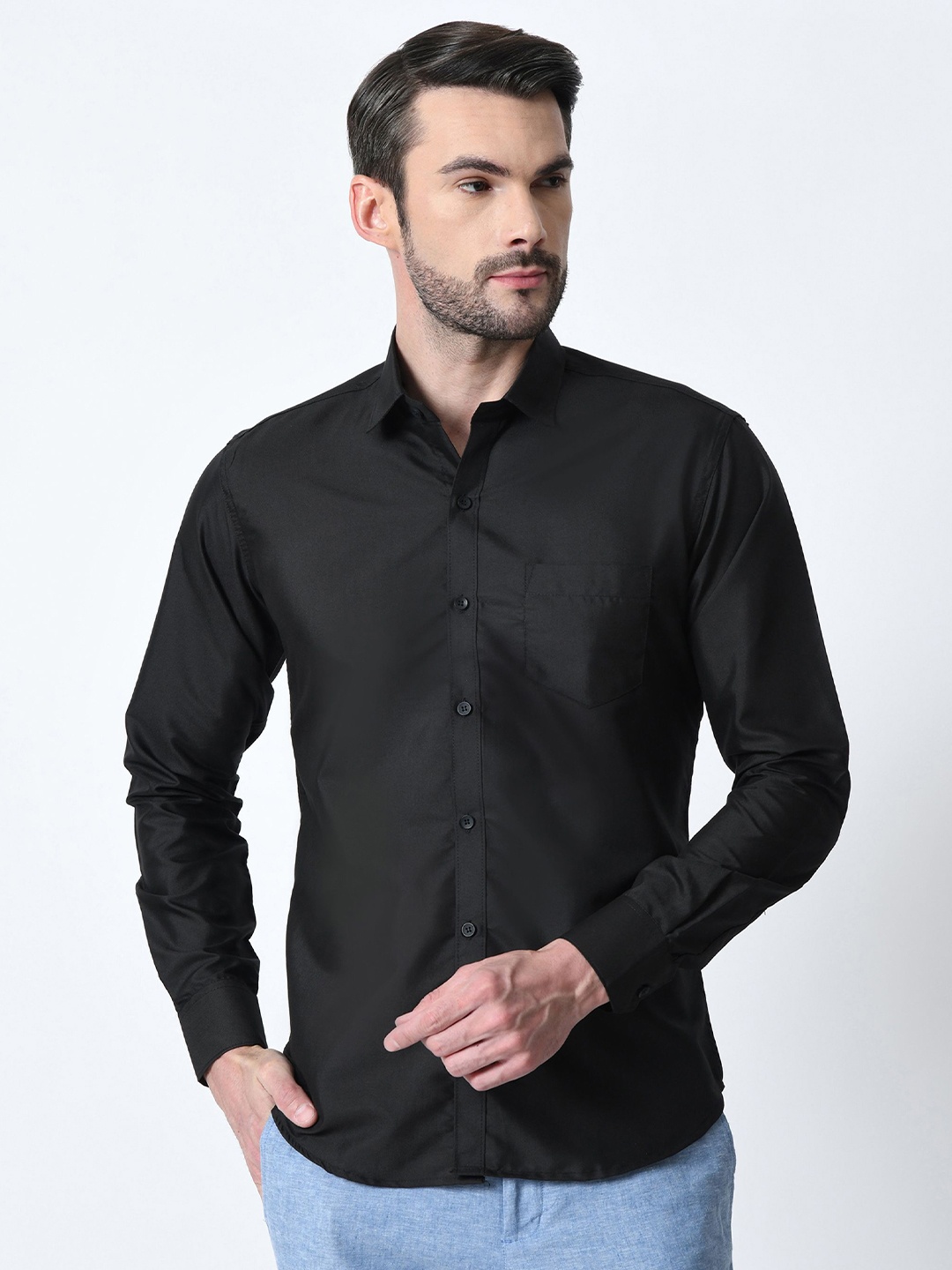 

PEBCO Men Classic Spread Collar Solid Cotton Slim Fit Casual Shirt, Black