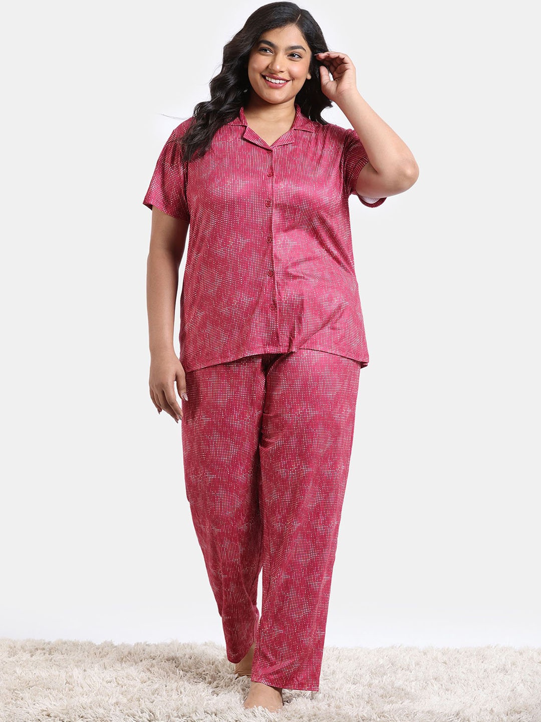 

Zivame Women Printed Shirt Collar Night suit, Pink