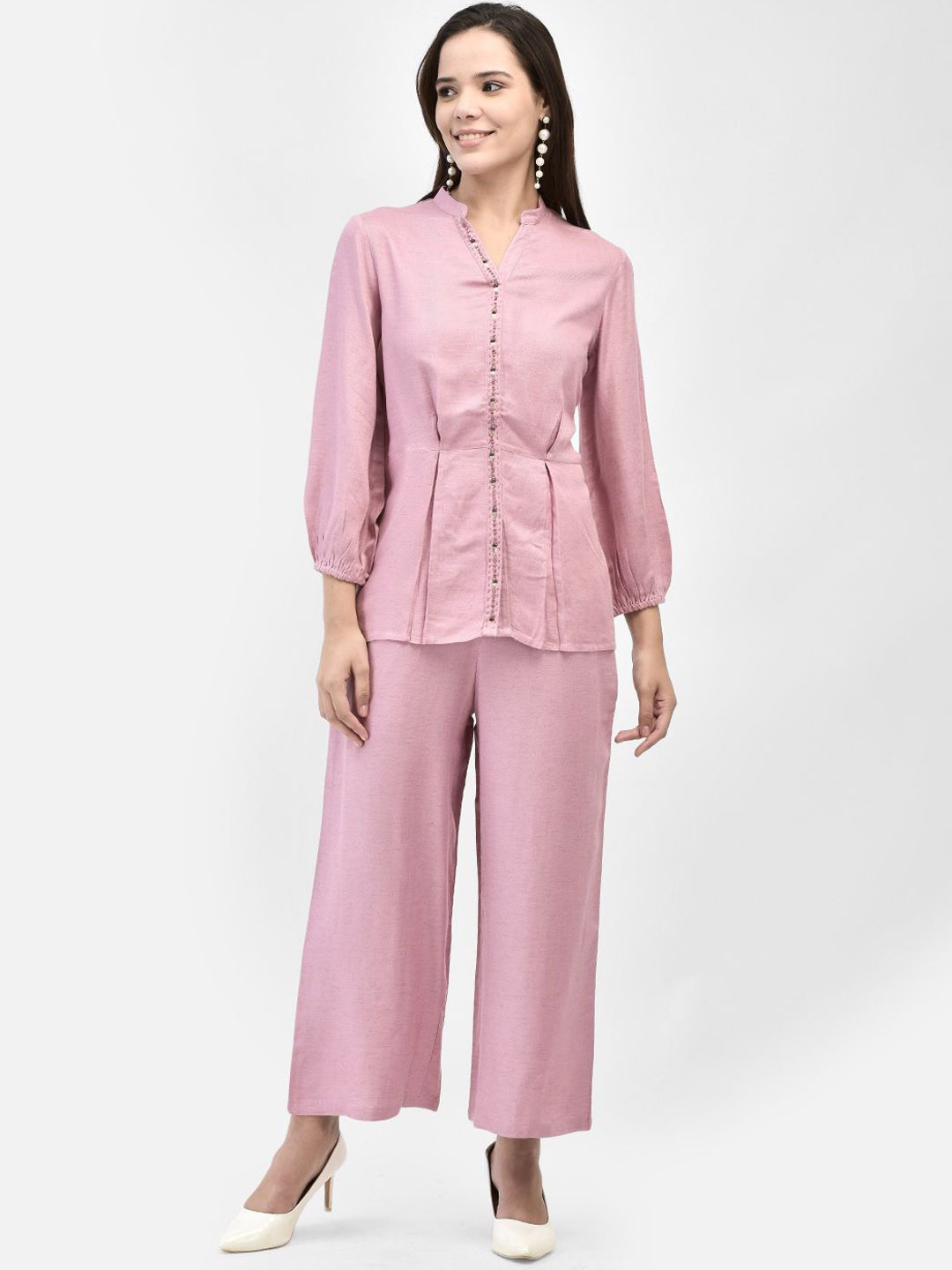 

FUTURO V Neck Puff Sleeves Top & Trouser, Pink