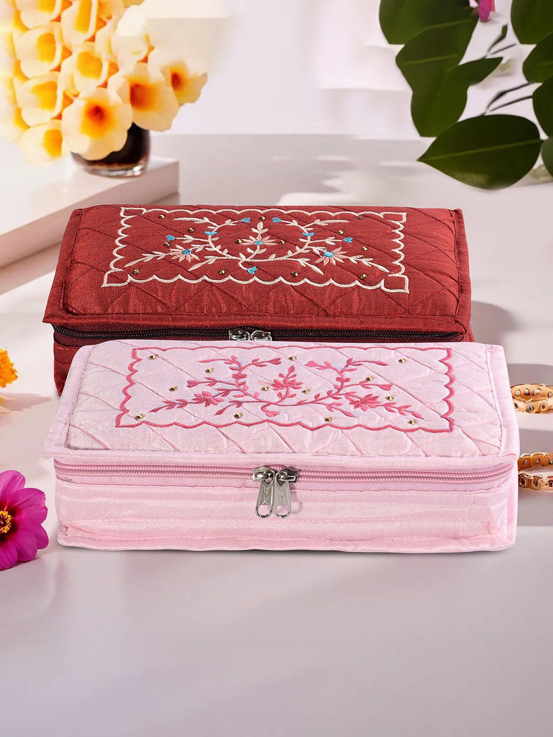 

Kuber Industries Maroon & Pink 2 Pieces Embroidered Jewellery Organisers