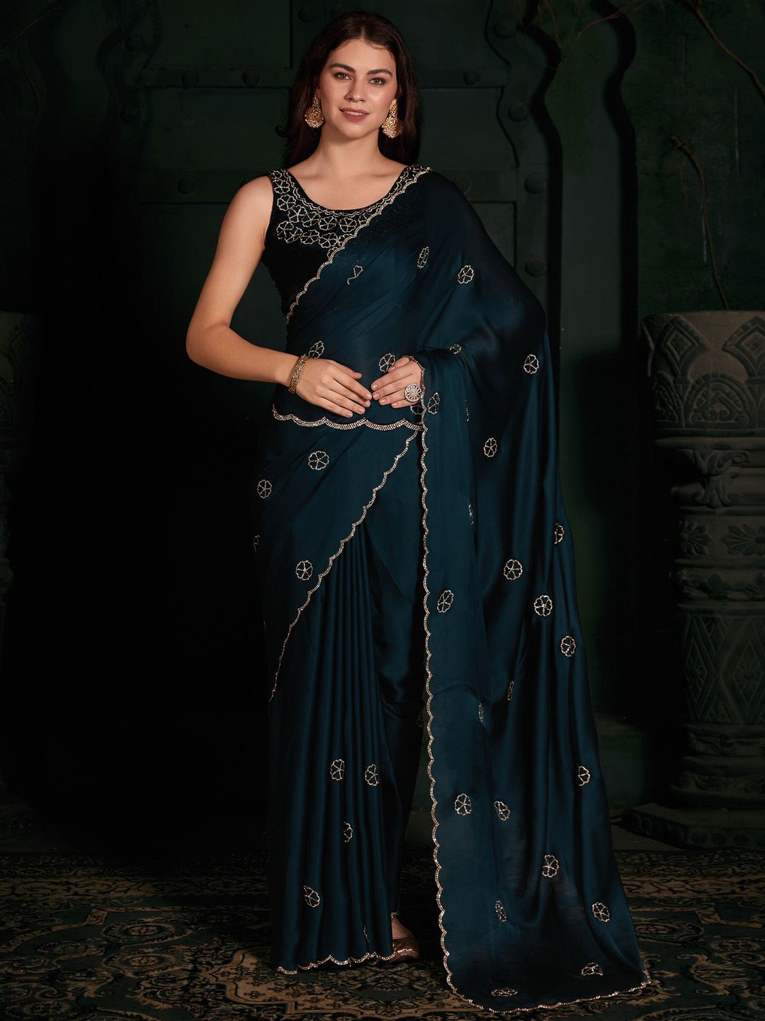 

Anouk Embellished Beads and Stones Satin Saree, Teal