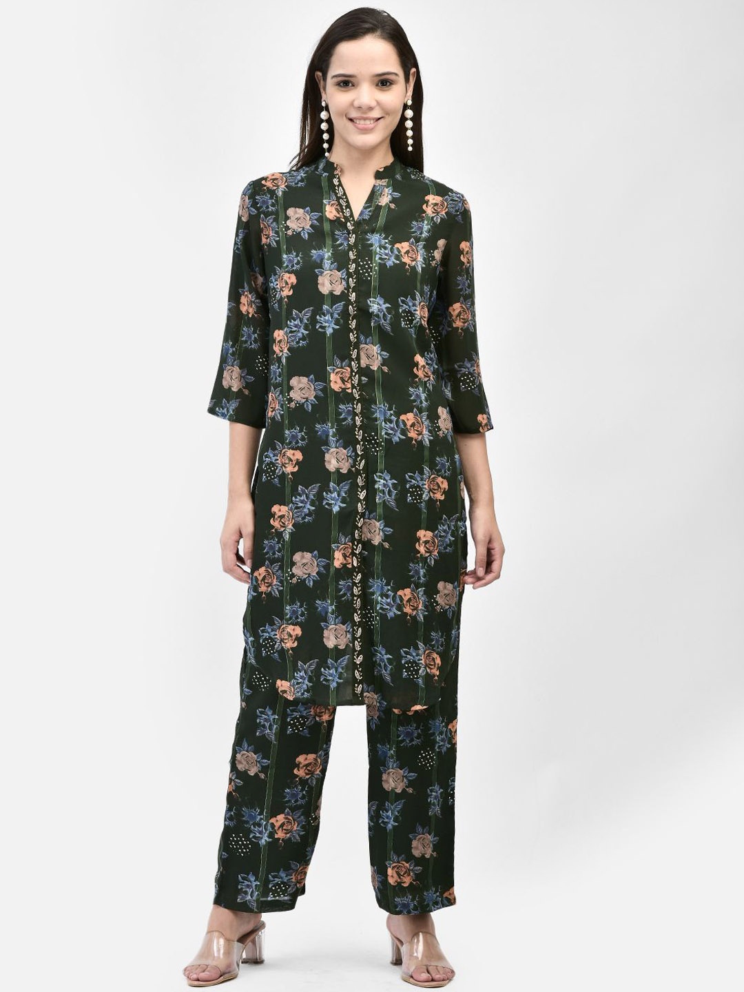

FFU Floral Printed Mandarin Collar Tunic & Trousers, Green