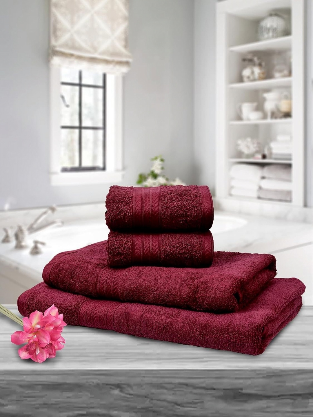 

BOMBAY DYEING Tulip Maroon 4 Pieces Pure Cotton 450 GSM Towel Set