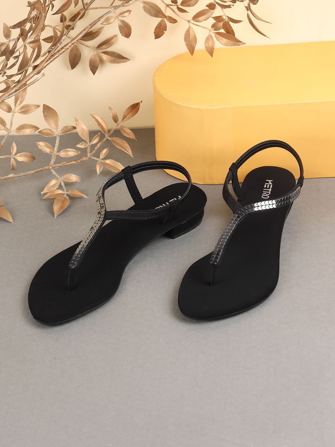 

Metro Women Embellished T-Strap Block Sandals, Black