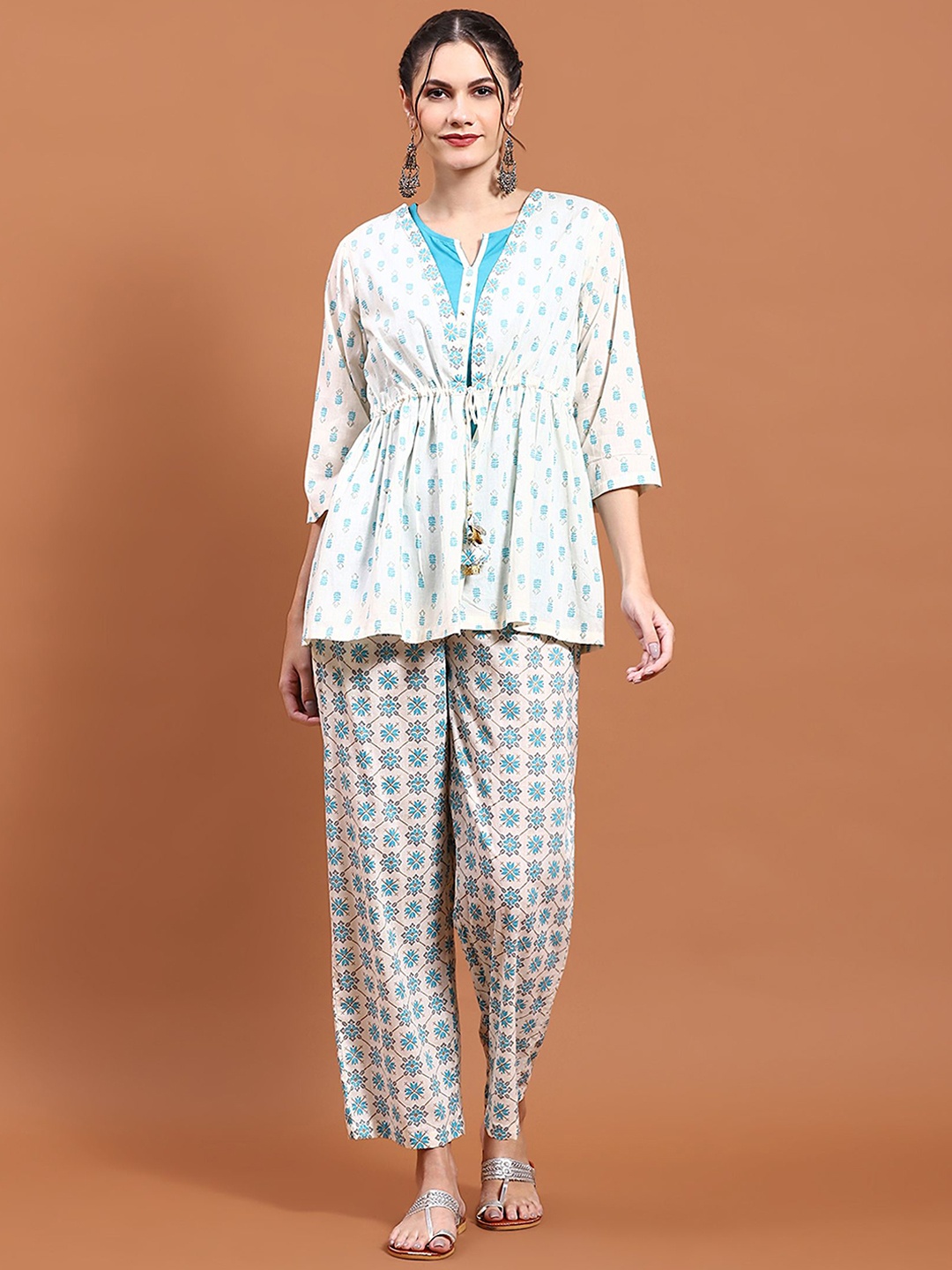 

Shree Floral Printed Pure Cotton Tunic Inner With Trouser, Off white