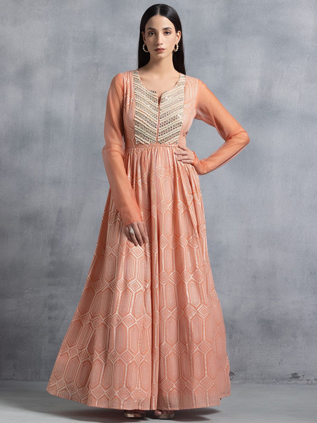 

Indya Luxe Printed Embroidered Georgette Fit & Flare Maxi Ethnic Dress with Dupatta, Pink