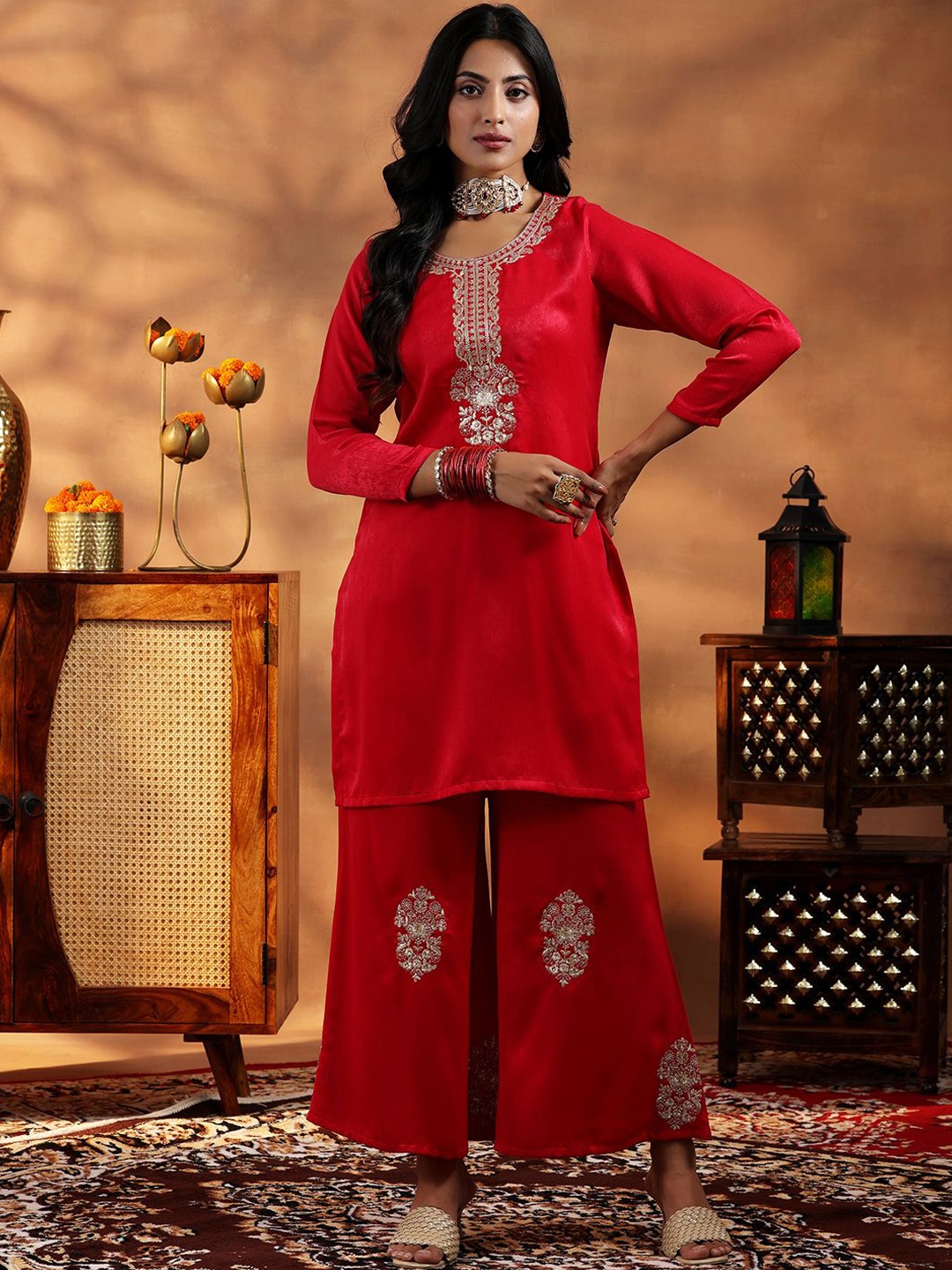 

Libas Floral Yoke Design Sequinned Straight Kurta with Palazzos, Red