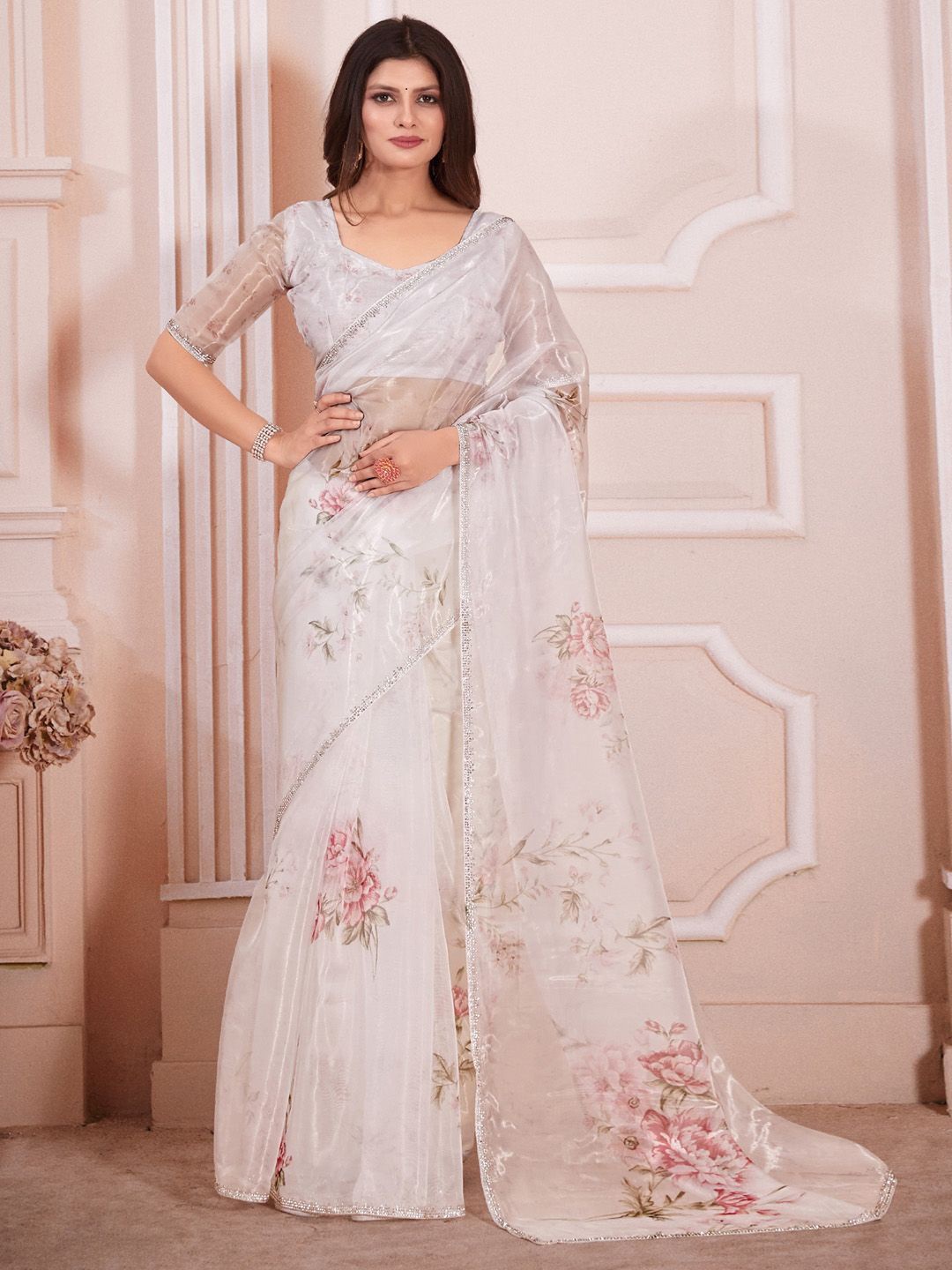 

Anouk Floral Beads and Stones Saree, Off white