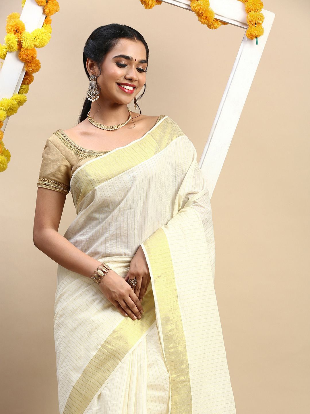 

Ramraj Striped Zari Pure Cotton Saree, Cream