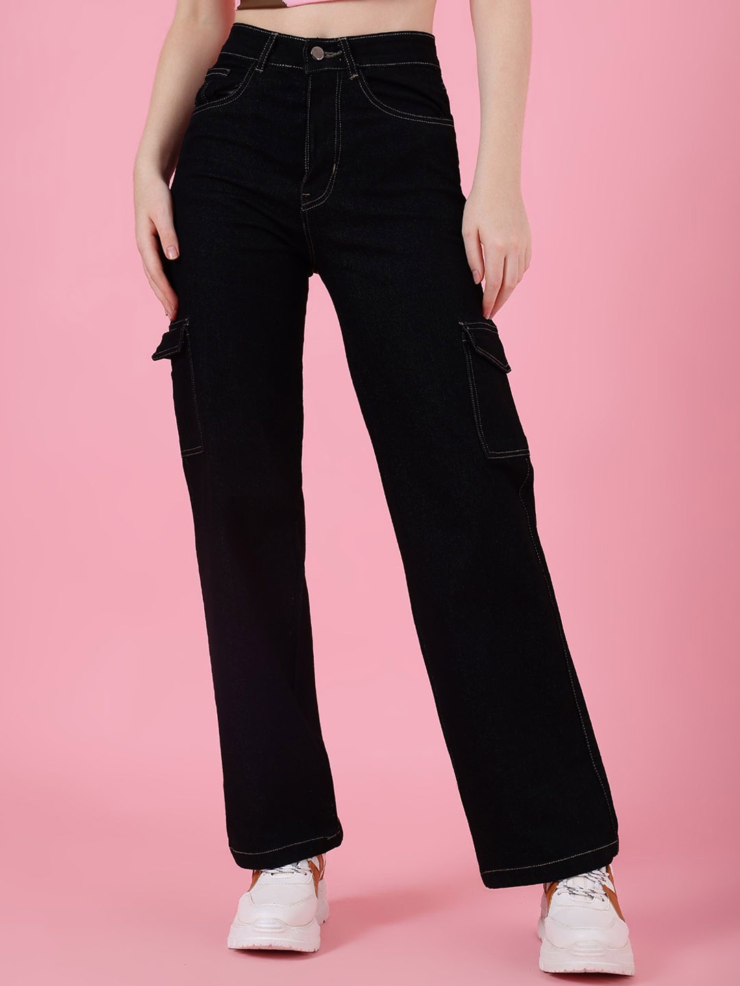 

4WRD by Dressberry Women Classic High-Rise Cargo Jeans, Black