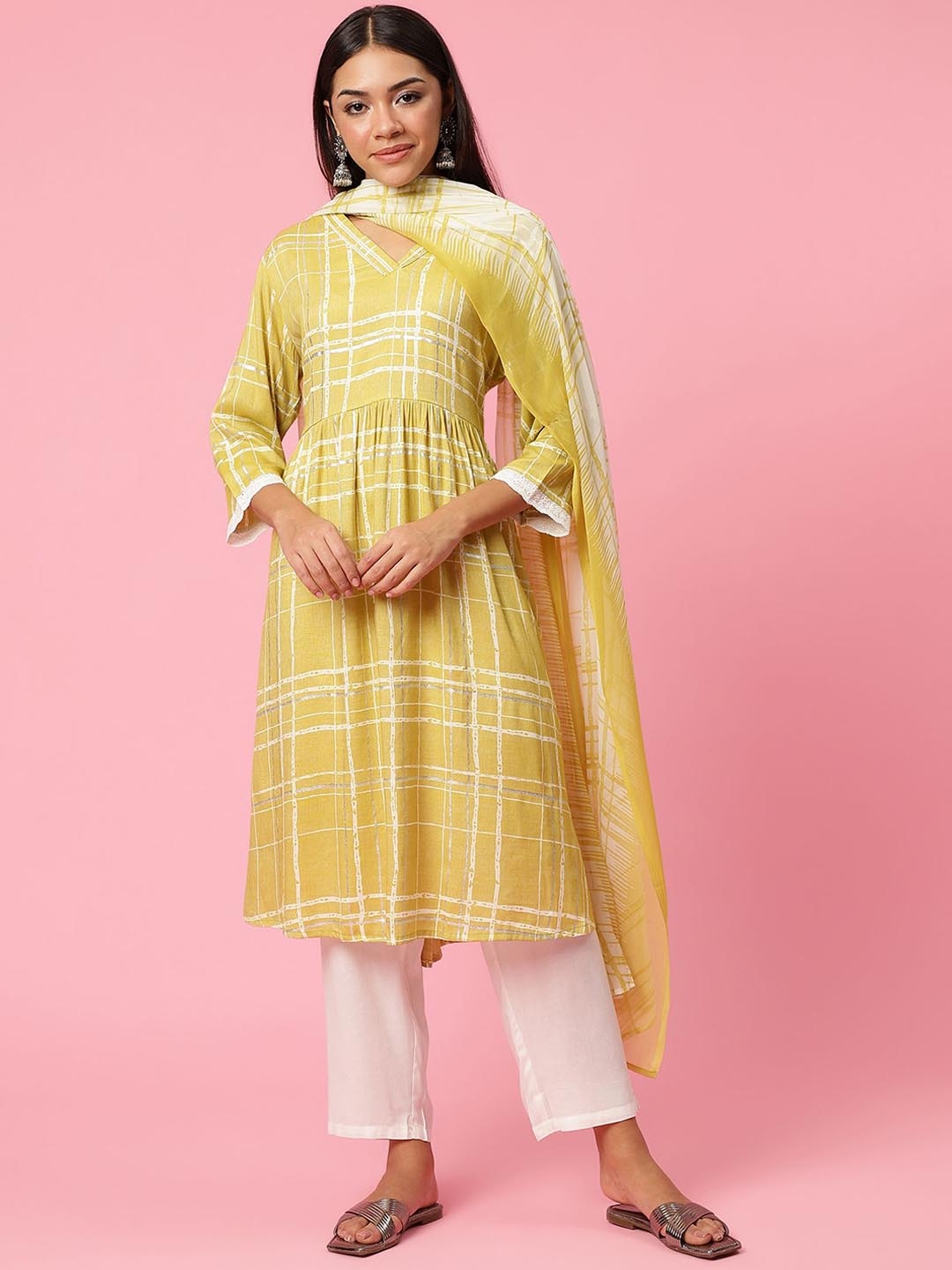 

Shree Women Printed Pleated Gotta Patti Liva Kurta with Trousers & With Dupatta, Lime green