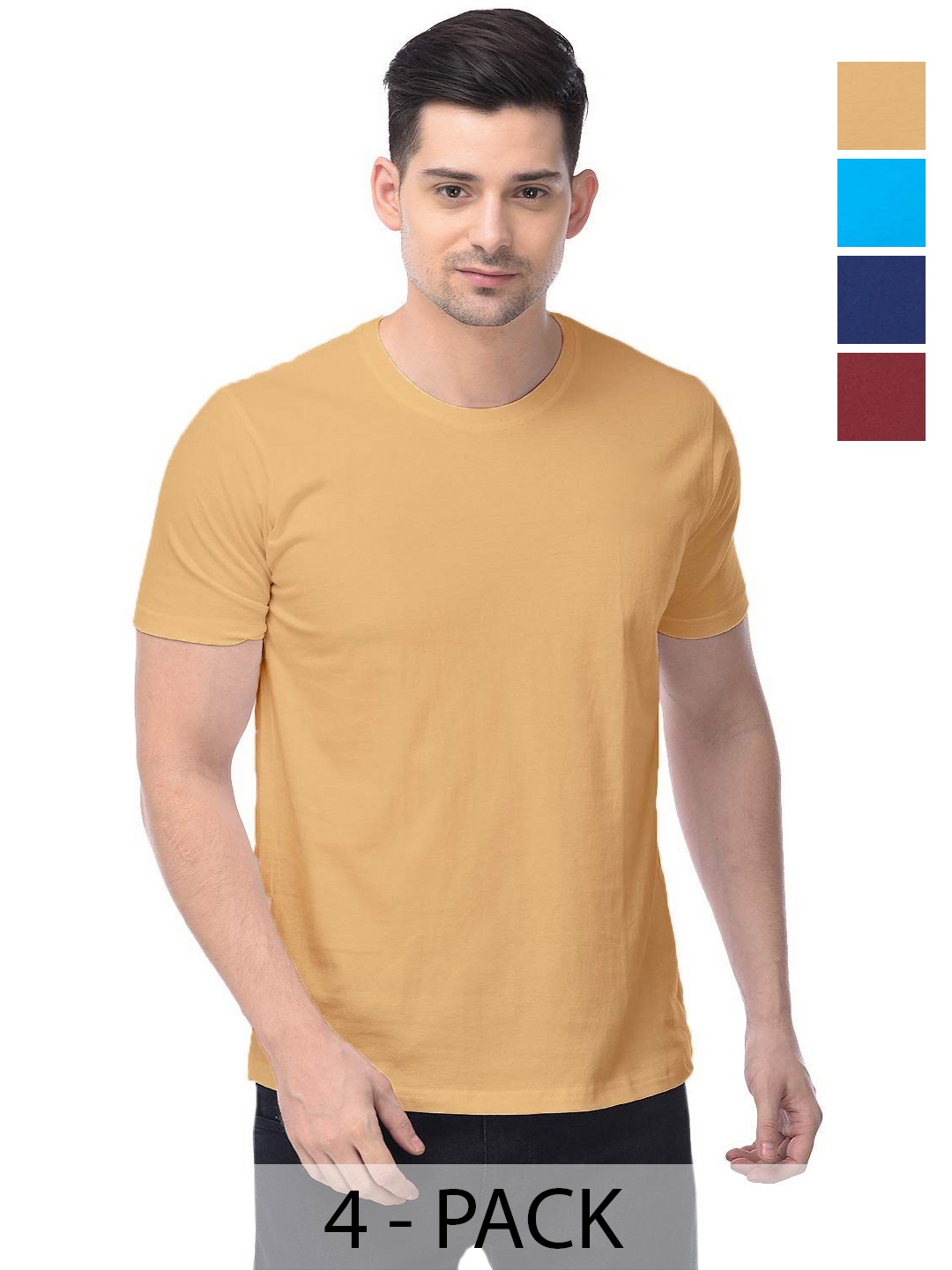 

COLOR CAPITAL Unisex Pack Of 4 Solid Round Neck Cotton T-shirts, Mustard