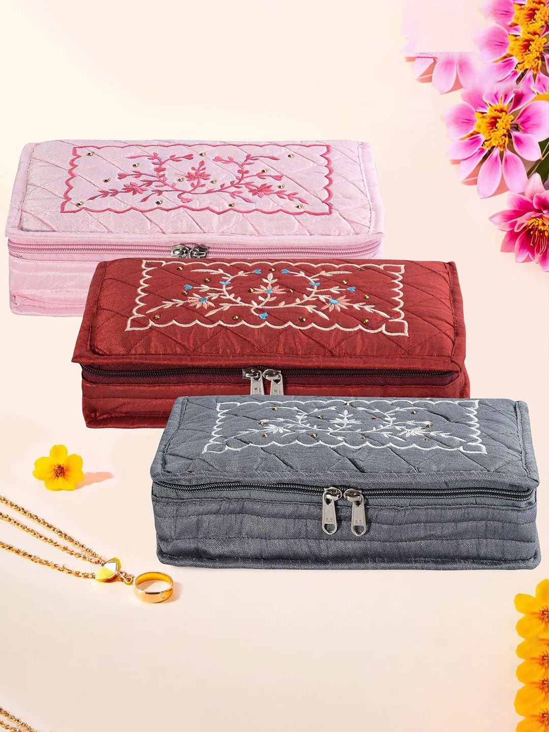 

Kuber Industries Grey & Maroon 3 Pieces Jewellery Organisers