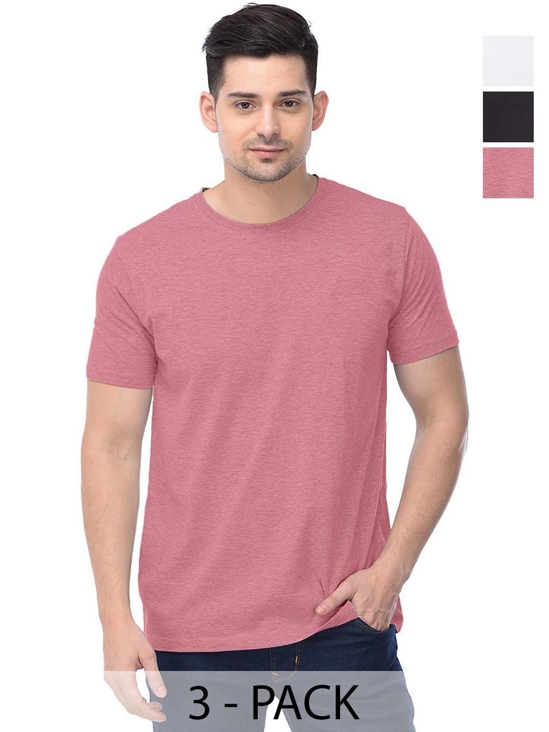 

COLOR CAPITAL Unisex Pack Of 3 Solid Round Neck Cotton T-shirts, Pink