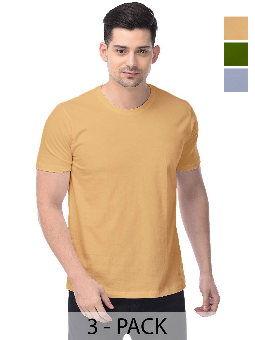 

COLOR CAPITAL Unisex Pack Of 3 Solid Round Neck Cotton T-shirts, Olive