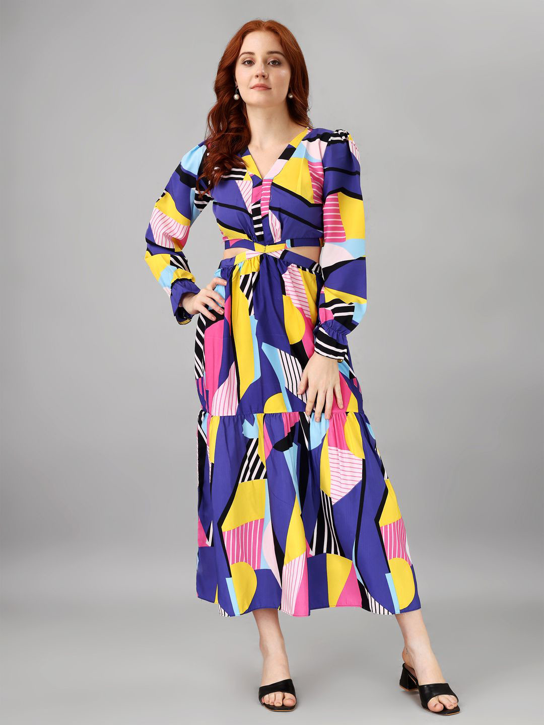 

Femvy Women Print Puff Sleeve Applique Maxi Dress, Multi