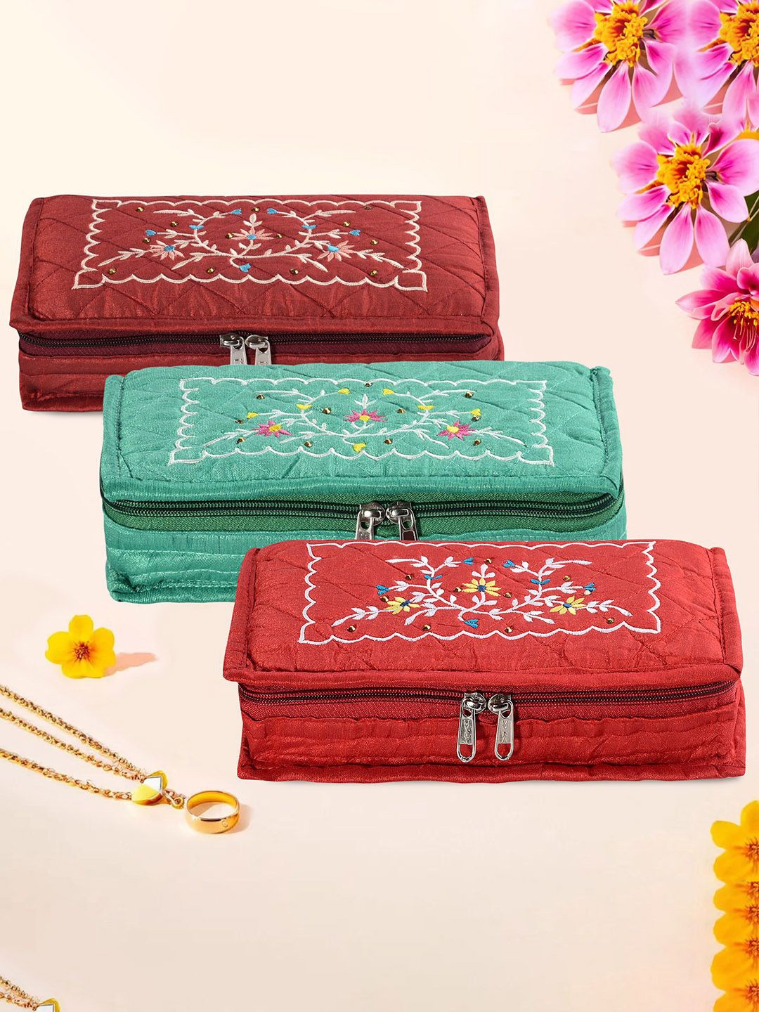 

Kuber Industries Maroon & Red 3 Pieces Embroidery Jewellery Organisers