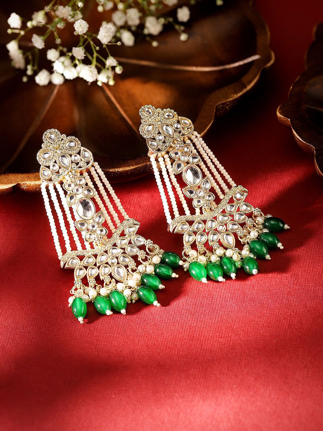 

Priyaasi Gold-Plated Contemporary Kundan Drop Earrings, Green