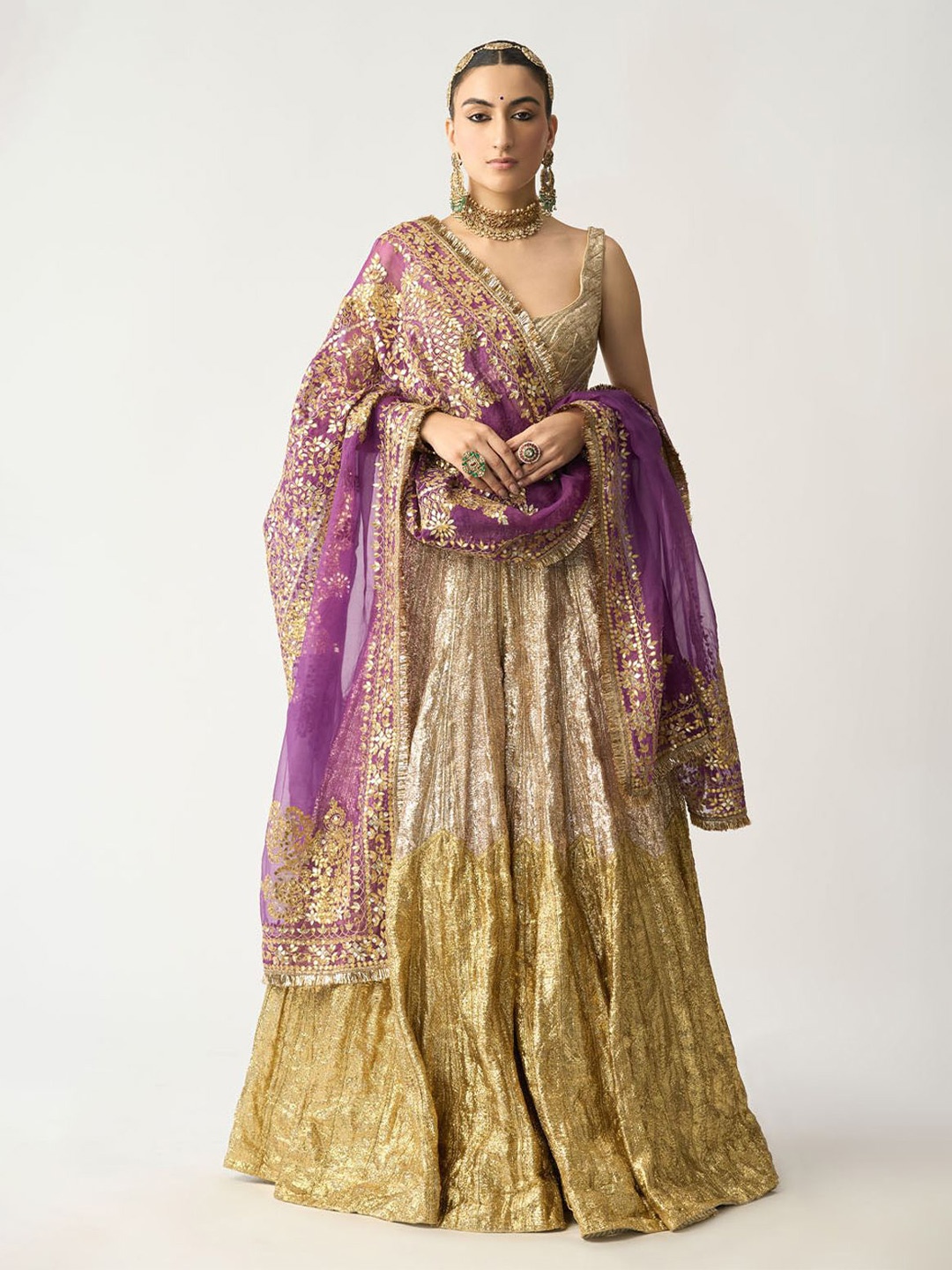 

ITRH Embellished Sequinned Ready To Wear Lehenga & Blouse With Dupatta, Gold