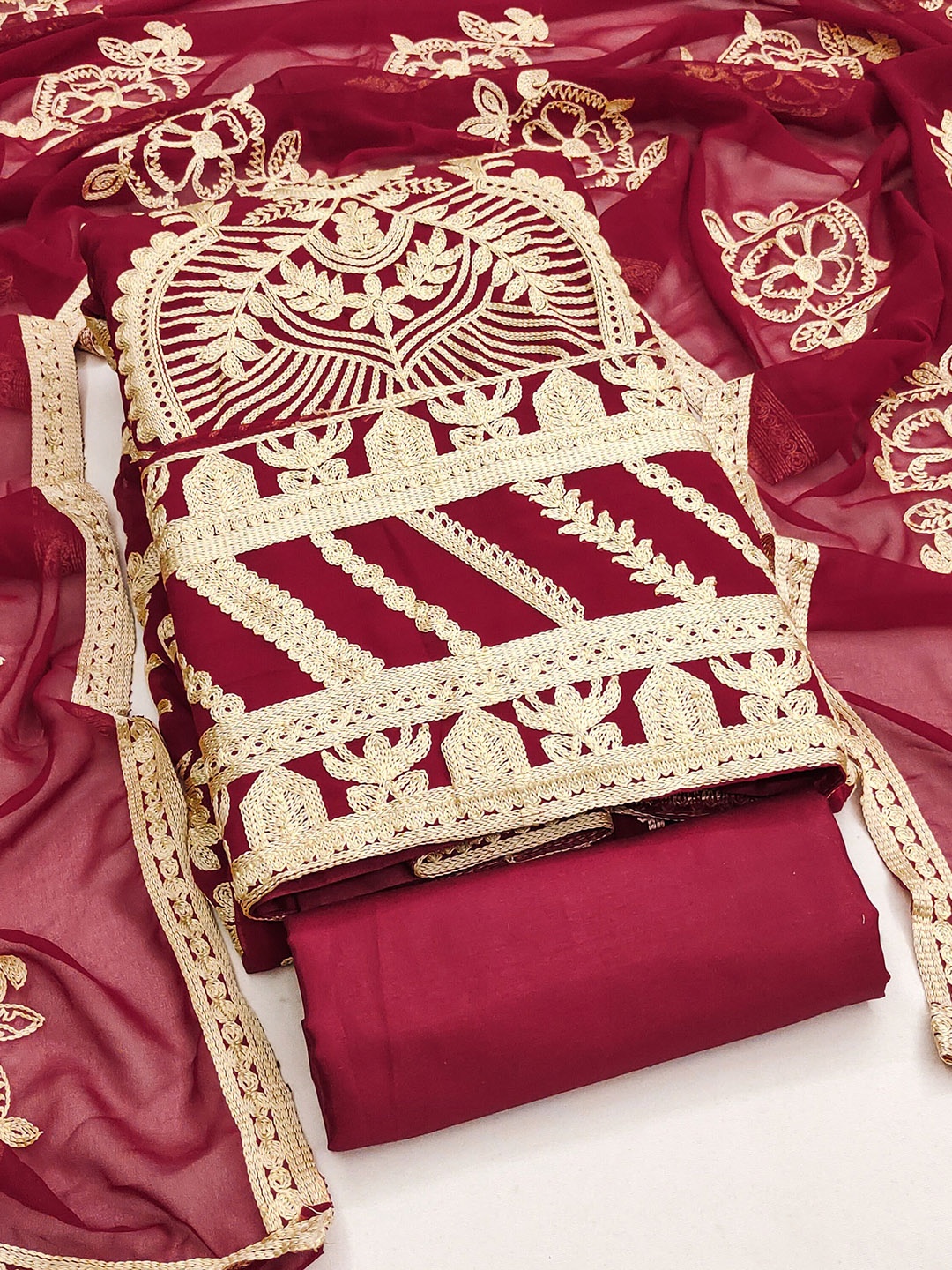 

MANVAA Floral Embroidered Unstitched Dress Material, Maroon