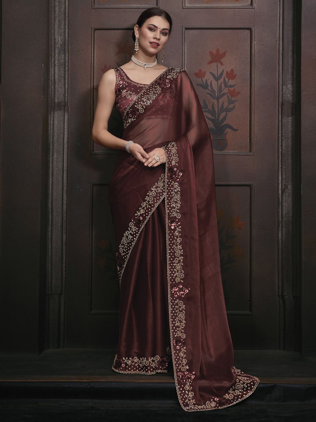 

Anouk Beads and Stones Organza Saree, Brown