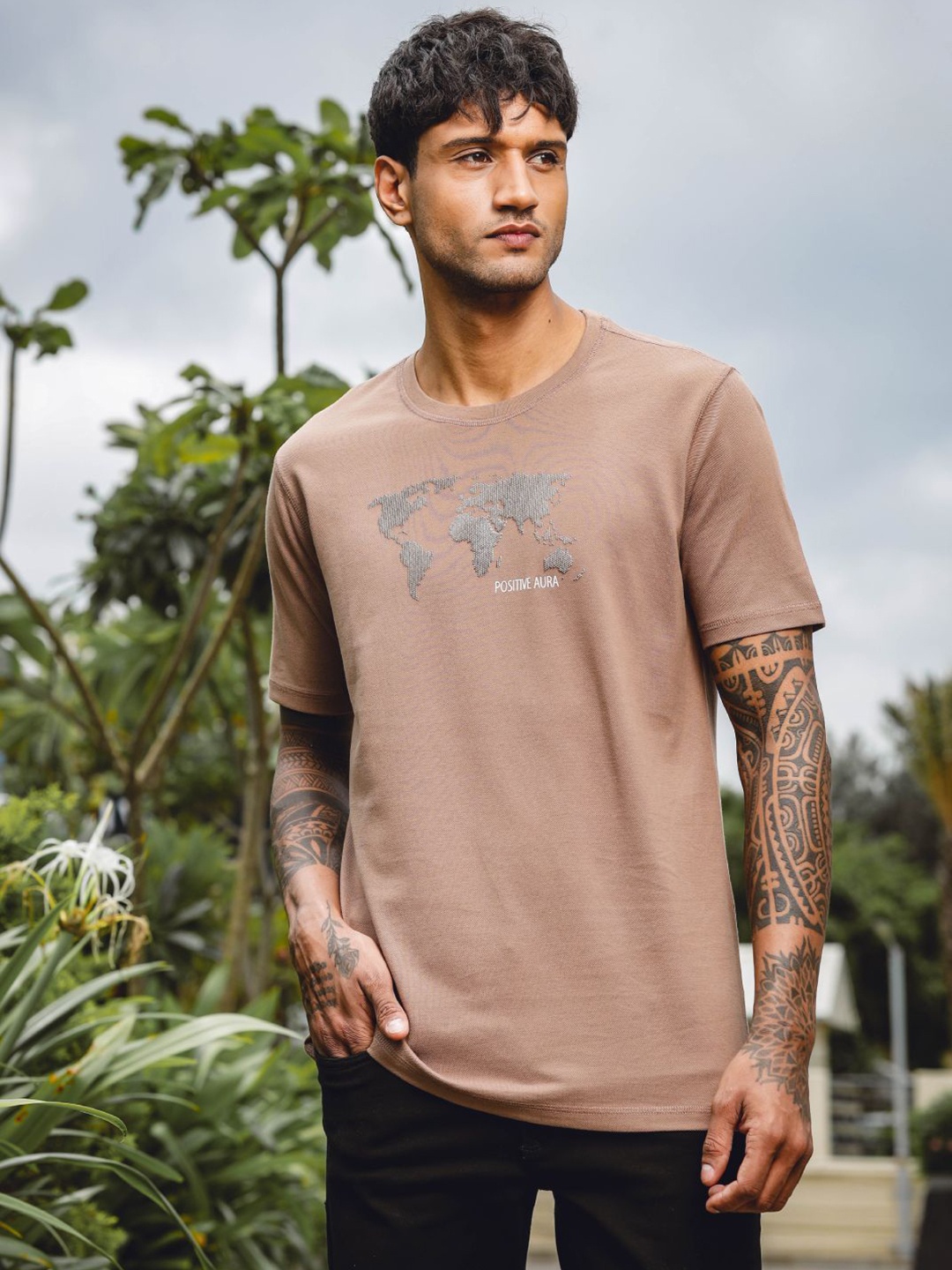 

ONE SKY Men Graphic Printed Round Neck Cotton T-shirt, Brown