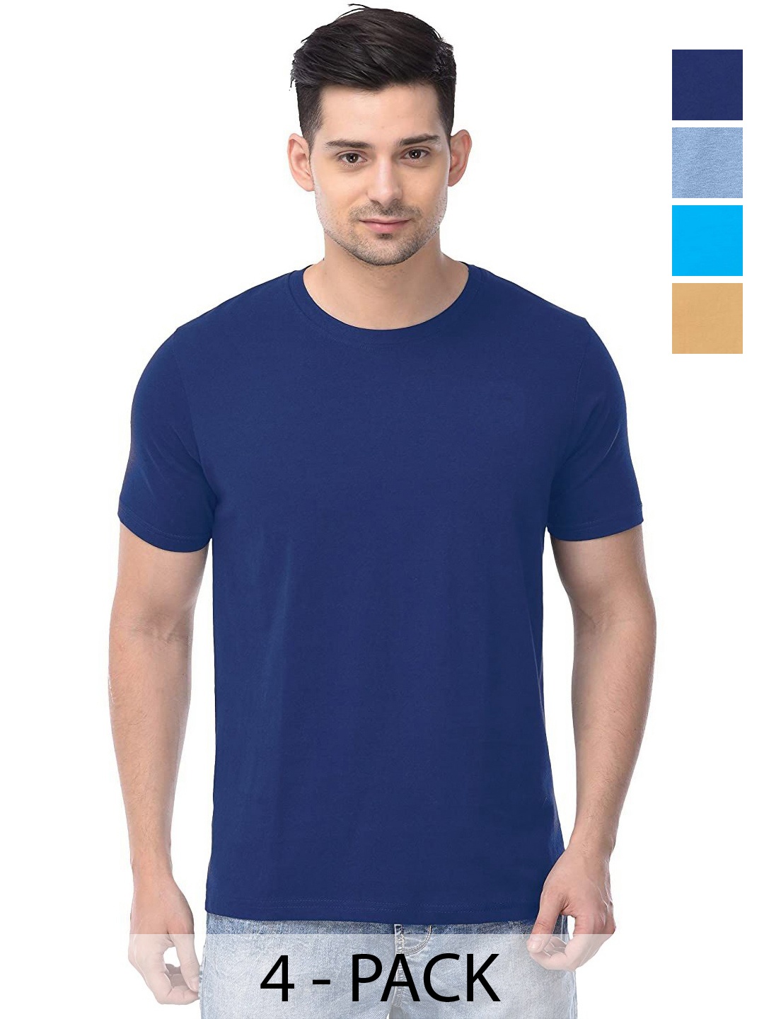 

COLOR CAPITAL Unisex Pack Of 4 Solid Round Neck Cotton T-shirts, Navy blue