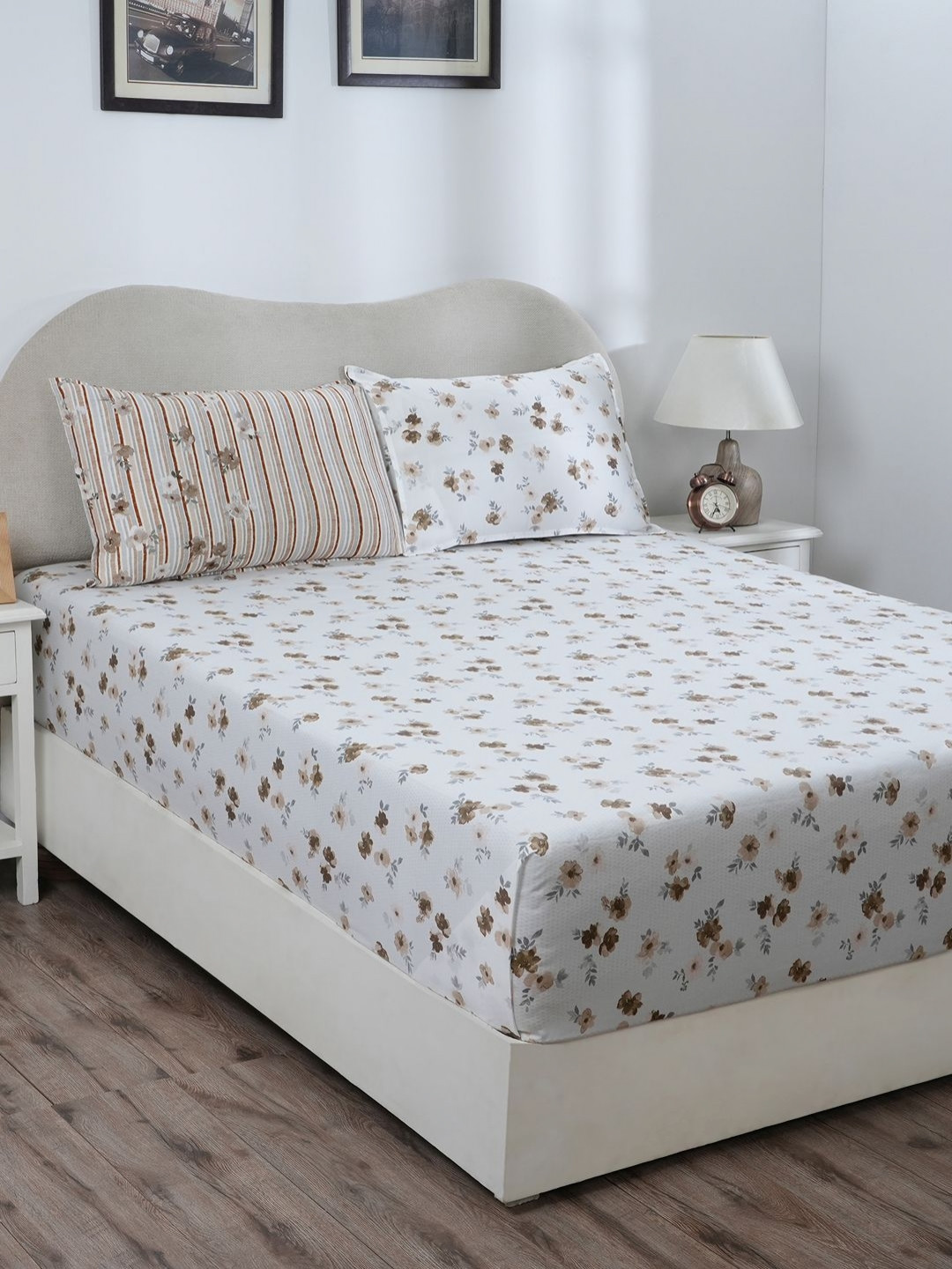 

MASPAR Eclectic Garden Brown Printed 300TC Pure Cotton Double Queen Fitted Bedsheet Set
