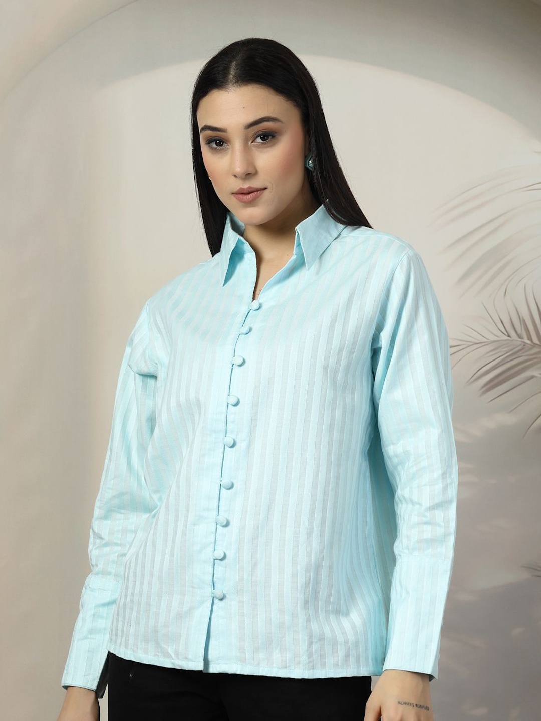 

plusS Women Standard Spread Collar Striped Cotton Casual Shirt, Sea green