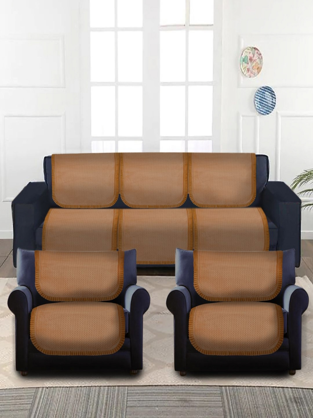 

MULTITEX Camel Brown 6 Pieces Self Design 5 Seater Velvet Sofa Cover