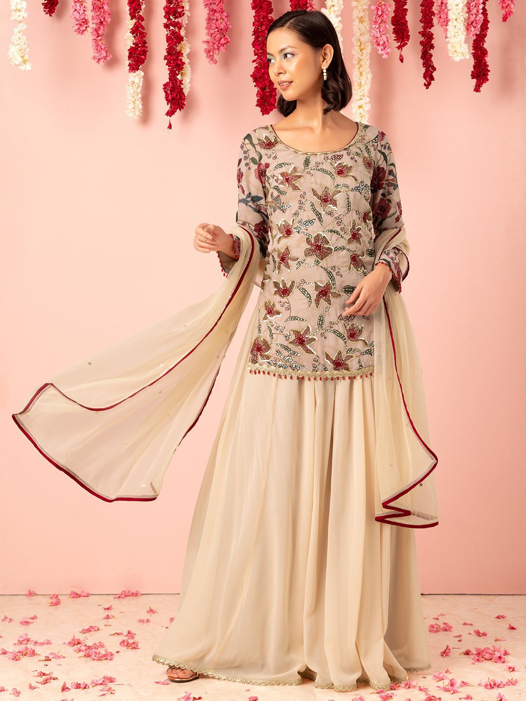 

Indya Luxe Floral Embroidered Sequined Straight Kurti With Sharara & Dupatta, Pink