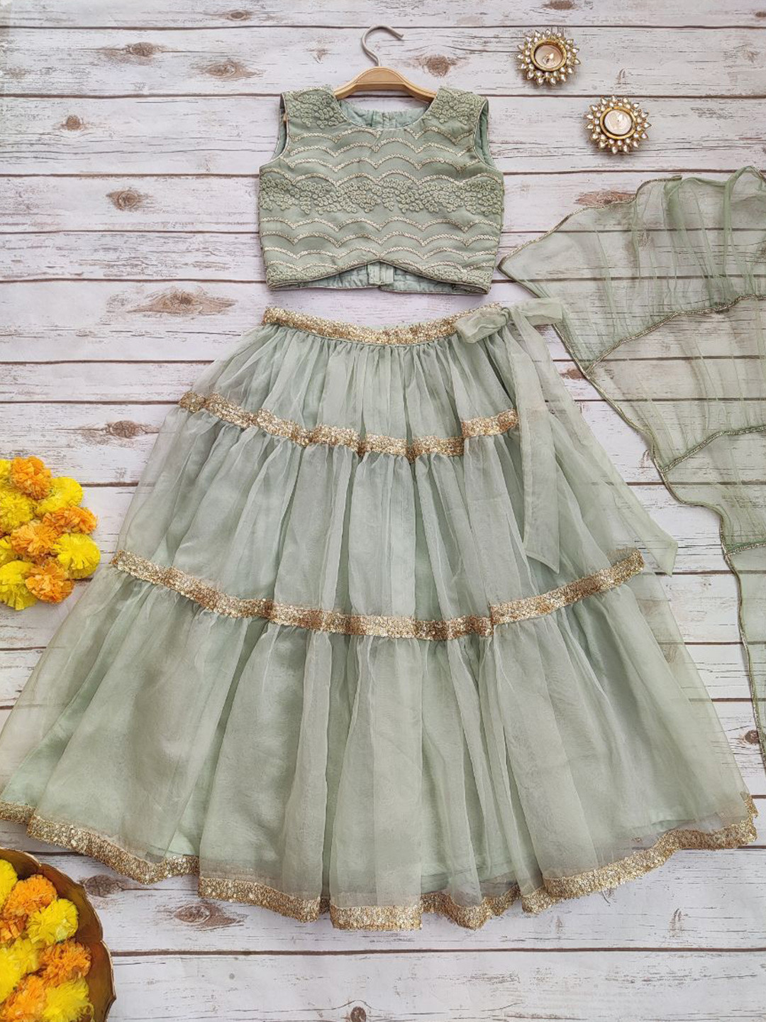 

LABEL KANUPRIYA Girls Printed Ready To Wear Lehenga & Blouse With Dupatta, Sea green